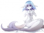 anthro big_breasts blue_eyes blue_hair breasts covering covering_breasts covering_self female fin fish_tail grey_body grey_skin hair head_fin monster_girl_(genre) navel non-mammal_breasts nude purple_eyes purple_hair short_hair solo split_form frfr fish marine merfolk full-length_portrait portrait