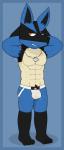 abs anthro biceps biped bodily_fluids bulge clothing jockstrap male muscular muscular_anthro muscular_male musk pecs solo sweat underwear mezzanine_(artist) nintendo pokemon canid generation_4_pokemon lucario mammal pokemon_(species) hi_res