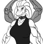 4_arms anthro arms_above_head big_breasts breasts cleavage clothed clothing collar dreadlocks eyeliner female hair horn long_hair looking_at_viewer machine makeup multi_arm multi_limb nipple_outline non-mammal_breasts shirt simple_background smile solo tank_top topwear white_background borisalien melion_(beyxer) android reptile robot scalie trenco 2018 digital_media_(artwork) half-length_portrait monochrome portrait sketch