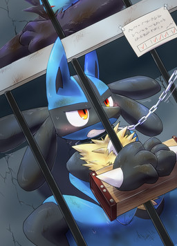 amber_eyes ambiguous_gender anthro bdsm black_body black_collar black_fur blue_body blue_fur blush bodily_fluids bondage bound cage chain chain_leash collar dirty dungeon duo fur kemono leash nude petplay roleplay slave solo_focus submissive submissive_ambiguous sweat teeth yellow_body yellow_fur kurohane_karasu nintendo pokemon canid canine felid feline generation_4_pokemon lucario luxray mammal pokemon_(species) 2015 digital_media_(artwork) hi_res
