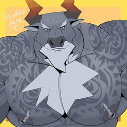 abs anthro areola arm_tattoo barazoku beard big_areola big_muscles big_nipples big_pecs blue_eyes chest_tattoo chest_tuft facial_hair first_person_view fur gradient_horn grey_body grey_eyes grey_fur hair horn looking_at_viewer low-angle_view male muscular muscular_anthro muscular_male navel nipples nude orange_horn pecs simple_background smile solo tail tattoo trapezius tuft white_hair yellow_background kumatorapolar dislyte lilith_games djoser_(dislyte) bovid bovine cattle mammal 1:1 hi_res