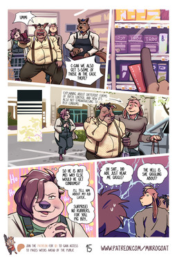 anthro apron black_hair black_nose blonde_hair brown_hair clothed clothed_anthro clothed_female clothed_male clothing condom_box credit_card dialogue embarrassed feet female fur giggle group hair male male/female overweight overweight_anthro overweight_female overweight_male pink_body pink_fur pink_skin shopping_cart sky smile standing text thought_bubble tongue trio_focus mikrogoat abe_(mikrogoat) basil_(mikrogoat) stella_(mikrogoat) canid canine canis domestic_pig lagomorph leporid mammal mustelid otter rabbit suid suine sus_(pig) wolf comic english_text hi_res