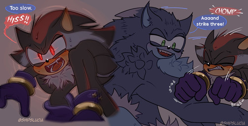 anthro bite blush blush_lines bodily_fluids duo fangs fur hissing male male/male onomatopoeia shoulder_bite sound_effects speech_bubble sweat sweatdrop teasing teeth text shipslucia sega sonic_the_hedgehog_(series) sonic_unleashed shadow_the_hedgehog sonic_the_hedgehog sonic_the_werehog eulipotyphlan hedgehog mammal vampire werecreature wereeulipotyphlan werehog hi_res