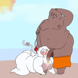 all_fours anthro areola beach belly big_areola big_butt blush bodily_fluids breasts brown_body brown_fur butt dominant dominant_male duo female fur hair hair_over_eyes huge_areola male male/female moobs nipples obese obese_anthro obese_female obese_male overweight overweight_anthro overweight_female overweight_male sand submissive submissive_female sun sweat white_body white_fur white_hair oxkingky cat_diana_(oxkingky) wilfred_(oxkingky) canid canine canis domestic_cat domestic_dog felid feline felis mammal 2025 hi_res