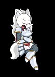 anthro armor armwear blush clothing eyes_closed female fluffy fluffy_tail footwear fur legwear open_mouth reclining_pose simple_background solo tail topwear white_body white_fur nicky_illust blanca_(nicky_illust) canid canine canis domestic_dog mammal nordic_sled_dog samoyed spitz hi_res