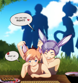angry animal_ears blue_eyes blue_hair blush clothed clothing dialogue dipstick_ears duo_focus ear_markings ear_pull food freckles furniture grey_hair group hair heart_symbol inner_ear_fluff male multicolored_ears orange_hair outside shadow shirt silhouette sitting smile standing table text topwear tuft rukifox koji_shadowpaw_(rukifox) animal_humanoid canid canid_humanoid canine canine_humanoid fox_humanoid humanoid kirin'ku_species lagomorph lagomorph_humanoid leporid_humanoid mammal mammal_humanoid rabbit_humanoid english_text
