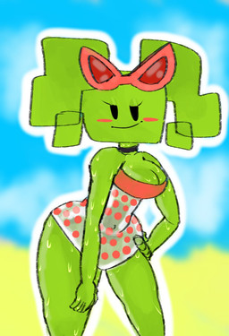 beach bedroom_eyes big_breasts black_choker black_eyes black_jewelry black_necklace blue_sky blush blush_stickers breasts choker cleavage clothed clothing eyewear eyewear_on_head female female_humanoid green_body green_breasts green_hair green_skin hair hand_on_hip hand_on_own_hip jewelry looking_at_viewer narrowed_eyes navel_outline necklace not_furry outline outside pigtails polka_dot_clothing polka_dot_swimwear red_blush red_eyewear red_sunglasses sand sea seductive sky smile solo square_head sunglasses sunglasses_on_head swimwear thick_thighs water wearing_sunglasses wet wet_body wet_clothing white_clothing white_outline white_swimwear wide_hipped_female wide_hipped_humanoid wide_hips dumbwitchyy mario_bros nintendo paper_mario mimi_(paper_mario) humanoid 2025 digital_media_(artwork)