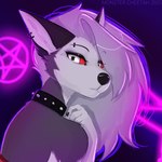 abstract_background anthro black_eyeshadow black_nose cheek_tuft collar ear_piercing ear_ring eyebrow_piercing eyebrow_through_hair eyebrows eyelashes eyeshadow facial_piercing facial_tuft female fur grey_body grey_fur grey_hair hair half-closed_eyes long_hair looking_at_viewer makeup narrowed_eyes piercing red_sclera ring_piercing solo spiked_collar spikes text translucent translucent_hair tuft white_eyes monstercheetah helluva_boss mythology loona_(helluva_boss) canid canid_demon canine demon hellhound mammal mythological_canine mythological_creature 2025 artist_name dated digital_media_(artwork) hi_res portrait