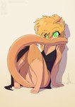 2021 anthro blonde_hair clothing conditional_dnp dress felid feline female fur green_eyes hair jollyjack looking_at_viewer mammal simple_background sitting slit_dress solo tail tail_in_mouth tan_body tan_fur thick_thighs translucent translucent_hair white_background