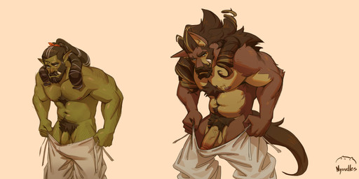 anthro balls beard biped black_beard black_facial_hair black_hair blue_eyes body_hair bottomwear bottomwear_down brown_body brown_fur chest_hair clothed clothing duo erection facial_hair fur genitals green_body green_skin grey_hair grey_streaks hair humanoid_genitalia humanoid_penis male multicolored_body multicolored_fur multicolored_hair mustache nipples nude pants pants_down partially_clothed penis pubes simple_background tan_body tan_fur topless topless_anthro topless_male tusks two_tone_hair vein veiny_penis nyuudles mythology canid canine humanoid mammal mythological_canine mythological_creature orc werecanid werecanine werecreature werewolf 2023 absurd_res digital_media_(artwork) hi_res