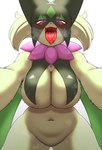 anthro big_breasts biped bodily_fluids breasts female front_view fur gaping_mouth green_body green_fur huge_breasts looking_at_viewer looming navel nude open_mouth saliva saliva_on_tongue simple_background solo tongue tongue_out white_background nobunagapero nintendo pokemon felid feline generation_9_pokemon mammal meowscarada pokemon_(species) absurd_res colored hi_res shaded