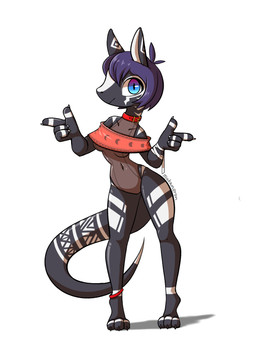 3_toes 4_fingers anklet anthro barefoot black_body blue_eyes breasts claws clothing collar digitigrade facial_markings feet female finger_gun fingers front_view gesture hair hand_gesture head_markings jewelry leg_markings leotard markings navel pointing purple_hair red_collar simple_background smile solo standing tail tail_markings text thigh_markings tight_clothing toe_claws toes topwear under_boob white_markings miakameron kobold scalie artist_name digital_media_(artwork) full-length_portrait hi_res portrait