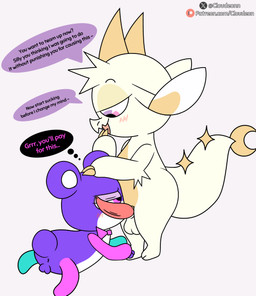 2_horns annoyed anthro anus balls bedroom_eyes blush blush_lines bow_tie butt claws duo fur genitals green_body green_fur hair half-closed_eyes hand_on_face hand_on_head hand_on_own_face horn looking_at_another lying male male/male multicolored_body multicolored_fur narrowed_eyes on_front penis penis_on_face pink_body pink_bow_tie pink_eyes pink_fur purple_body purple_ears purple_eyes purple_fur purple_tail question_mark seductive short_tail side_view small_balls smile smug speech_bubble standing tail tan_body tan_claws tan_fur tan_horn text thought_bubble white_body white_ears white_fur white_hair white_nose white_tail cloudeon chikn_nuggit mythology bearzel_(chikn_nuggit) bezel_(chikn_nuggit) fwench_fwy_(chikn_nuggit) bear dragon mammal mythological_creature mythological_scalie scalie 2024 absurd_res artist_name digital_media_(artwork) english_text hi_res