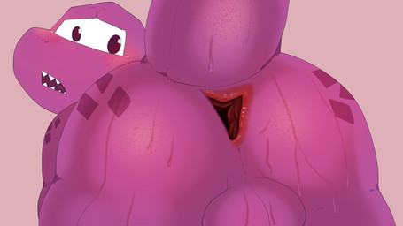 anthro anus balls big_butt bodily_fluids butt gaping gaping_anus genitals male pink_body solo sweat pwrm12pawpawpaw gameoverse glitch_productions gobbles_(gameoverse) dinosaur prehistoric_species reptile scalie hi_res