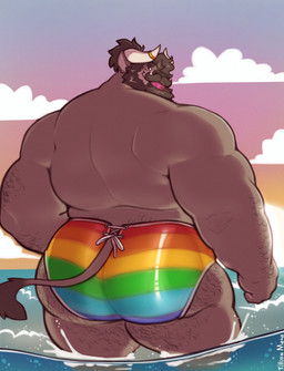 anthro arm_hair back_muscles barazoku beard big_butt body_hair butt butt_hair clothing cloud facial_hair horn horn_jewelry horn_ring jewelry lgbt_pride looking_at_viewer looking_back looking_back_at_viewer male mostly_nude muscular muscular_arms muscular_legs muscular_male mustache partially_submerged pride_colors rear_view ring_(jewelry) smile solo standing sunset swimwear tail tail_tuft tuft water tilionmaia tillion bovid bovine cattle mammal hi_res
