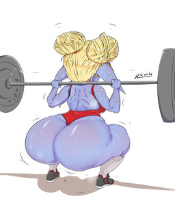 barbell big_butt bodily_fluids breasts butt exercise female huge_butt musk not_furry shortstack simple_background solo steam sweat thick_thighs weightlifting white_background workout jouljehart league_of_legends riot_games tencent poppy_(lol) yordle hi_res