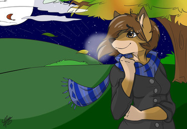 autumn black_clothing black_jacket black_topwear brown_body brown_eyes brown_fur brown_hair clothing cloud detailed_background female fur green_field hair jacket leaf moon night plant scarf solo star topwear tree wind furryruisu roby_magda_(character) canid canine canis mammal wolf hi_res