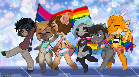 anthro blue_eyes brown_eyes female gay_pride_parade group intersex intersex/male lgbt_pride male male/male pansexual_pride_colors parade pride_colors punk_hair red_eyes tie-dye transgender_pride_colors freakster apex_legends electronic_arts lgbt_pride_month mythology respawn_entertainment titanfall bleats_(character) bleats_(goat-kid) goldy_(golden.dragon) xiro_decobray bat bear bovid caprine dragon goat hyena mammal mythological_creature mythological_scalie reptile scalie snake absurd_res hi_res trans_(lore)