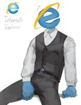 absurd_res belt blue_body blue_skin bottomwear clothed clothing for_a_head fully_clothed hi_res humanoid internet_explorer internet_explorer_(character) kogito living_logo male microsoft not_furry object_head pants shirt sitting solo text topwear vest