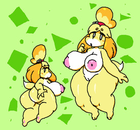 anthro big_breasts big_butt breasts butt feet female genitals green_background hair hindpaw nipples nude nude_female paws pink_nipples ponytail simple_background slightly_chubby slightly_chubby_female solo tail vulva yellow_body pants_juice animal_crossing nintendo isabelle_(animal_crossing) canid canine canis domestic_dog mammal low_res