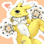 1:1 anthro bandai_namco biped blue_eyes breasts canid canine chest_tuft countershading digimon digimon_(species) digital_media_(artwork) female fur genitals heart_symbol looking_at_viewer low_res lying mammal multicolored_body multicolored_fur nipples nude oekaki on_back pink_background pussy renamon simple_background solo tail tuft two_tone_body two_tone_fur white_body white_fur yellow_body yellow_fur yutanpoko
