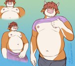 anthro belly blush clothed clothing clothing_lift cutaway hair looking_at_viewer male navel nipples overweight overweight_male red_hair slightly_chubby solo standing tongue tongue_out amarox maxwell_(amarox) bovid bovine cattle mammal digital_drawing_(artwork) digital_media_(artwork) hi_res