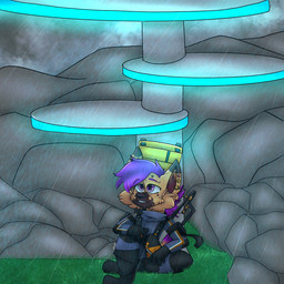 anthro backpack bodysuit boots cheek_tuft clothing detailed_background dipstick_ears ear_markings ear_piercing facial_tuft footwear gloves grass handwear male mane multicolored_ears pattern_clothing piercing plant purple_eyes purple_mane raining resting shoes sitting skinsuit smile solo spots striped_clothing stripes suit tight_clothing tuft milystars20 death_stranding vitali_advenil hyena mammal 1:1 hi_res