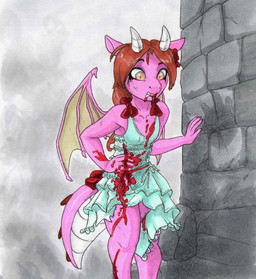 accessory anthro ball_gown blind blood blood_on_mouth blue_clothing blue_dress bodily_fluids bow_(feature) bow_accessory bow_ribbon brown_hair clothing crying disability dress escape female gore hair hair_accessory hair_bow hair_ribbon pink_body pink_scales princess ribbons royalty scales solo spines tail tears torn_clothing wings wounded ewgengster mythology ruby_summerstone_(rubythepinkdragon) dragon mythological_creature mythological_scalie reptile scalie hi_res traditional_media_(artwork)
