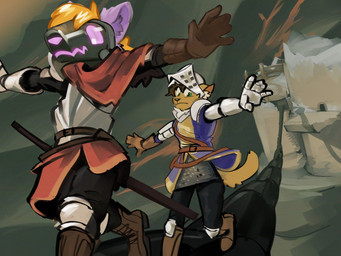 anthro armor balancing belt black_bottomwear black_clothing black_pants blonde_hair blue_clothing blue_robe boots bottomwear brown_body brown_fur brown_hair castle chainmail clothing duo female footwear fortress fur gauntlets gloves green_eyes hair handwear inner_ear_fluff knee_pads knight knight_armor knight_helmet leather leather_boots leather_clothing leather_footwear leather_gloves leather_handwear light looking_down machine male pants plate_armor purple_body purple_eyes purple_fur red_clothing red_robe robe scabbard screen screen_face shoes tail tuft walking warrior peppertoasty dark_souls fromsoftware proton.z felid feline mammal protogen 2024 4:3 absurd_res digital_media_(artwork) digital_painting_(artwork) hi_res lighting painting_(artwork) shaded