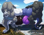 anthro balls barazoku biceps big_balls big_bulge big_muscles big_penis blue_eyes bulge clothing detailed_background digitigrade duo flaccid flexing genitals grey_body huge_balls huge_bulge huge_muscles huge_penis hyper hyper_balls hyper_bulge hyper_genitalia hyper_muscles hyper_penis looking_at_another macro male male/male multicolored_body muscular muscular_anthro muscular_male paws pecs penis spikes standing teasing triceps two_tone_body two_tone_tail underwear white_body bobert mythology caerulus_eisklaue kardukk_(character) dragon kaiju kobold mythological_creature mythological_scalie reptile scalie digital_media_(artwork) hi_res shaded