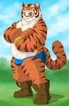 anthro bulge clothing fur humanoid_hands kemono male orange_body orange_fur overweight overweight_anthro overweight_male solo tongue tongue_out underwear white_body white_fur raichoclub felid mammal pantherine tiger 2014 hi_res