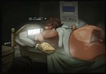 anthro backpack balls bed bedroom big_butt blush bottomless bottomless_anthro bottomless_male butt chips_(food) clothed clothing college_student computer dialogue electronics eyewear food furniture genitals glasses hair hair_over_eyes laptop lying lying_on_bed male musk musk_clouds musky_butt on_bed on_front overweight overweight_anthro overweight_male shirt shirt_only short_tail side_view tail talking_to_viewer tank_top tank_top_only topwear topwear_only dreamywolfdd bear mammal 2025 hi_res