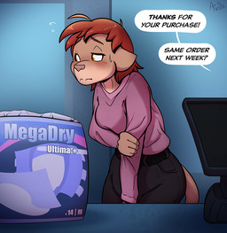 anthro blush clothed clothing dialogue diaper diaper_package diaper_under_clothing embarrassed female looking_away shopping solo text wearing_diaper arzdin domestic_cat felid feline felis mammal english_text