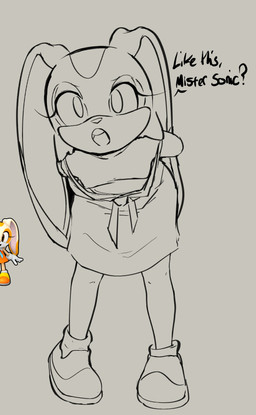 anthro buckteeth clothed clothing countershading cravat down_blouse dress ears_back ears_down eyelashes female female_anthro footwear grey_background hands_behind_back loli long_ears looking_at_viewer nipples oversized_clothing pivoted_ears shoes simple_background solo talking_to_viewer teeth teeth_showing text young jeteggs sega sonic_the_hedgehog_(series) cream_the_rabbit lagomorph leporid mammal rabbit absurd_res english_text greyscale hi_res monochrome reference_image