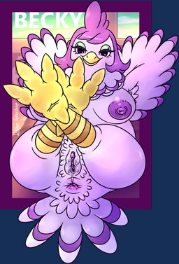 3_toes 4_toes anisodactyl anthro anthrofied anus areola armpit_hair avian_butt beak belly biped bodily_fluids body_hair breasts butt claws clitoris crotch_tuft curvy_figure eyeshadow feathered_wings feathers feet female foot_focus furniture genital_fluids genitals half-closed_eyes inside legs_up lying makeup multicolored_body multicolored_feathers multicolored_skin narrowed_eyes navel nipples non-mammal_breasts non-mammal_navel non-mammal_nipples non-mammal_vulva nude on_back presenting presenting_anus presenting_breasts presenting_vulva pubes purple_body purple_feathers purple_nipples purple_skin semi-anthro sofa solo tail tail_feathers talons toe_claws toes tuft two_tone_body two_tone_skin vaginal_fluids vulva white_body white_feathers wings yellow_body yellow_feet yellow_skin patohoro animal_crossing nintendo becky_(animal_crossing) avian bird chicken galliform phasianid absurd_res alpha_channel hi_res
