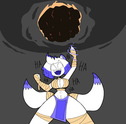 anthro bandage bandaged_arm bandaged_chest bandaged_leg big_breasts blue_eyes blue_hair bottomwear breasts cleavage clothed clothing dialogue fangs female fur grey_background hair laugh loincloth looking_at_viewer maniacal_laughing meteor multi_tail navel scroll simple_background solo summoning tail teeth text thick_thighs white_body white_fur white_hair wide_hips usagibun1 ayumi_(usagibun1) canid canine fox mammal 2024 digital_media_(artwork) english_text