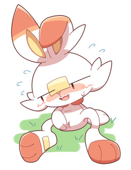 blush bodily_fluids chibi female genitals open_mouth presenting presenting_vulva solo spread_legs spread_vulva spreading sweat thin_calves thin_legs thin_thighs vulva white_body nettsuu nintendo pokemon generation_8_pokemon pokemon_(species) scorbunny hi_res