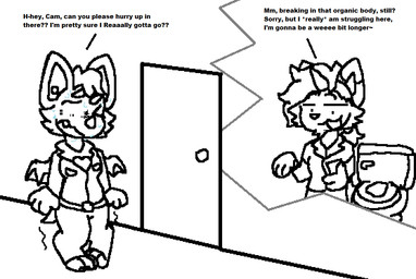 anthro bat_wings bathroom bathroom_control bodily_fluids clothed clothing desperation door duo facial_horn female hair horn implied_transformation male membrane_(anatomy) membranous_wings motion_lines nose_horn omorashi ponytail small_wings snout squirming sweat sweaty_face text toilet wings squeakitties cameron_(squeakitties) coraline_(squeakitties) bat hybrid mammal trans_(lore) trans_man_(lore)