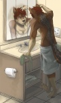 4_toes anthro barefoot biped brown_body brown_fur chest_tuft claws clothed clothing feet fur gloves_(marking) green_eyes grey_body grey_fur hair inside leg_markings looking_at_mirror looking_at_object looking_at_self male markings mirror mouth_hold red_hair reflection short_hair sink socks_(marking) solo tan_body tan_fur toes toilet_paper topless towel towel_only tuft wall_socket water chikinnugets canid canine canis mammal wolf 3:5