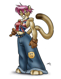 anthro biped brown_body brown_eyes brown_fur clothed clothing ear_piercing female fur gloves hair handwear jewelry midriff navel necklace pacifier pacifier_necklace piercing pink_hair short_hair simple_background solo standing tail union_jack white_background gideon domestic_cat felid feline felis mammal 2002 digital_media_(artwork) signature