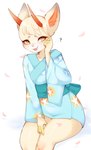 anthro asian_clothing blonde_hair blush cherry_blossom clothed clothing east_asian_clothing ellipsis female flower fur hair hand_on_leg hand_to_face horn japanese_clothing looking_at_viewer plant prunus_(flower) questioning_ellipsis simple_background sitting solo tan_body tan_fur white_background yellow_eyes yukata fredek666 animal_crossing nintendo shino_(animal_crossing) demon mammal digital_media_(artwork) hi_res shaded