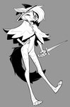 anthro dagger female grey_background hand_on_hip holding_dagger holding_melee_weapon holding_object holding_weapon melee_weapon one_eye_closed simple_background solo weapon wink lenyavok oriana_thaffer canid canine canis mammal wolf 2023 black_and_white greyscale hi_res monochrome