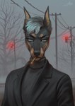 anthro black_clothing black_jacket black_topwear blue_eyes brown_body brown_fur cigarette cigarette_in_mouth clothed clothing dark_body dark_fur eyelashes front_view fur grey_body grey_clothing grey_fur grey_hair grey_topwear hair jacket looking_aside male narrowed_eyes object_in_mouth outside plant pupils red_pupils short_hair smoke smoking solo topwear tree marie_merkh dim333 canid canine canis dobermann domestic_dog mammal pinscher absurd_res artist_name half-length_portrait hi_res portrait signature