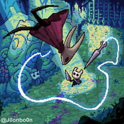 2_horns ambiguous_gender biped black_body black_eyes cloak clothing detailed_background duo holding_melee_weapon holding_object holding_weapon horn looking_at_another melee_weapon midair nail_(weapon) outside red_cloak red_clothing standing text thread weapon j0onbo0n hollow_knight team_cherry hornet_(hollow_knight) arthropod 1:1 2025 artist_name digital_media_(artwork) english_text hi_res pixel_(artwork)