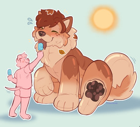 ambiguous_gender anthro blush blush_lines curled_tail duo eating feral food inflatable licking_popsicle pool_toy popsicle size_difference summer sun tail tail_motion tailwag plushparade anonymous_character animate_inanimate canid canine canis domestic_dog living_inflatable mammal hi_res