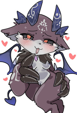anthro black_nose blush breasts claw_fingers claws female front_view fur genitals grey_body grey_fur heart_pupils heart_symbol heart_tongue horn kemono looking_at_viewer nipples nude open_mouth open_smile shortstack simple_background smile solo vulva white_background wings yellow_eyes yamadamaru1227 nijisanji vtuber debidebi_debiru demon hi_res