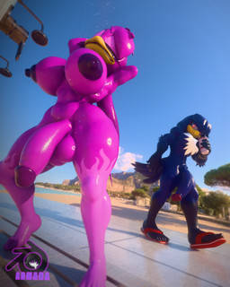anthro areola balls bathing beach beak bedroom_eyes beverage big_breasts big_penis blue_body blue_eyes blue_penis breasts chest_tuft clothing drinking duo feathers footwear genitals glans glistening glistening_areola glistening_balls glistening_body glistening_genitalia glistening_hair glistening_legs glistening_nipples glistening_penis glistening_thighs gynomorph hair intersex intersex/male male narrowed_eyes nipples outdoor_nudity outdoor_shower outside penis purple_areola purple_balls purple_body purple_breasts purple_glans purple_nipples purple_penis red_eyes sandals seductive shoes shower showering tail tail_feathers tuft wet wet_body white_tuft armada_(artist) juicyducksfm sega sonic_riders sonic_the_hedgehog_(series) fan_character thunder_(juicyducksfm) wave_the_swallow avian bird hirundinid oscine passerine swallow_(bird) 3d_(artwork) 4:5 blender_(artwork) blender_eevee_(artwork) digital_media_(artwork) hi_res