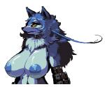 anthro areola big_breasts big_nipples blue_body blue_fur blue_hair blue_nipples breasts collar fangs female fur hair huge_breasts kemono long_hair nipples simple_background solo teeth yellow_eyes s-purple breeding_season canid canine mammal titwolf low_res