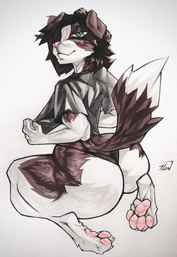 anthro big_butt blue_eyes butt crouching ears_down female fur looking_at_viewer looking_back pawpads paws pink_nose pink_pawpads pivoted_ears raised_tail red_sclera simple_background solo tail thick_thighs white_background wide_hips tlen_borowski alexa_(mystery.dog) canid canine canis domestic_dog german_shepherd herding_dog husky hybrid mammal nordic_sled_dog pastoral_dog spitz absurd_res hi_res painting_(artwork) traditional_media_(artwork) traditional_painting_(artwork) traditional_watercolor_(artwork) watercolor_(artwork)
