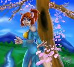 anthro blue_eyes breasts clothed clothing dress female hair orange_hair outside plant river sky solo tree water thebmeister dust:_an_elysian_tail ginger_(elysian_tail) domestic_cat felid feline felis mammal 2016